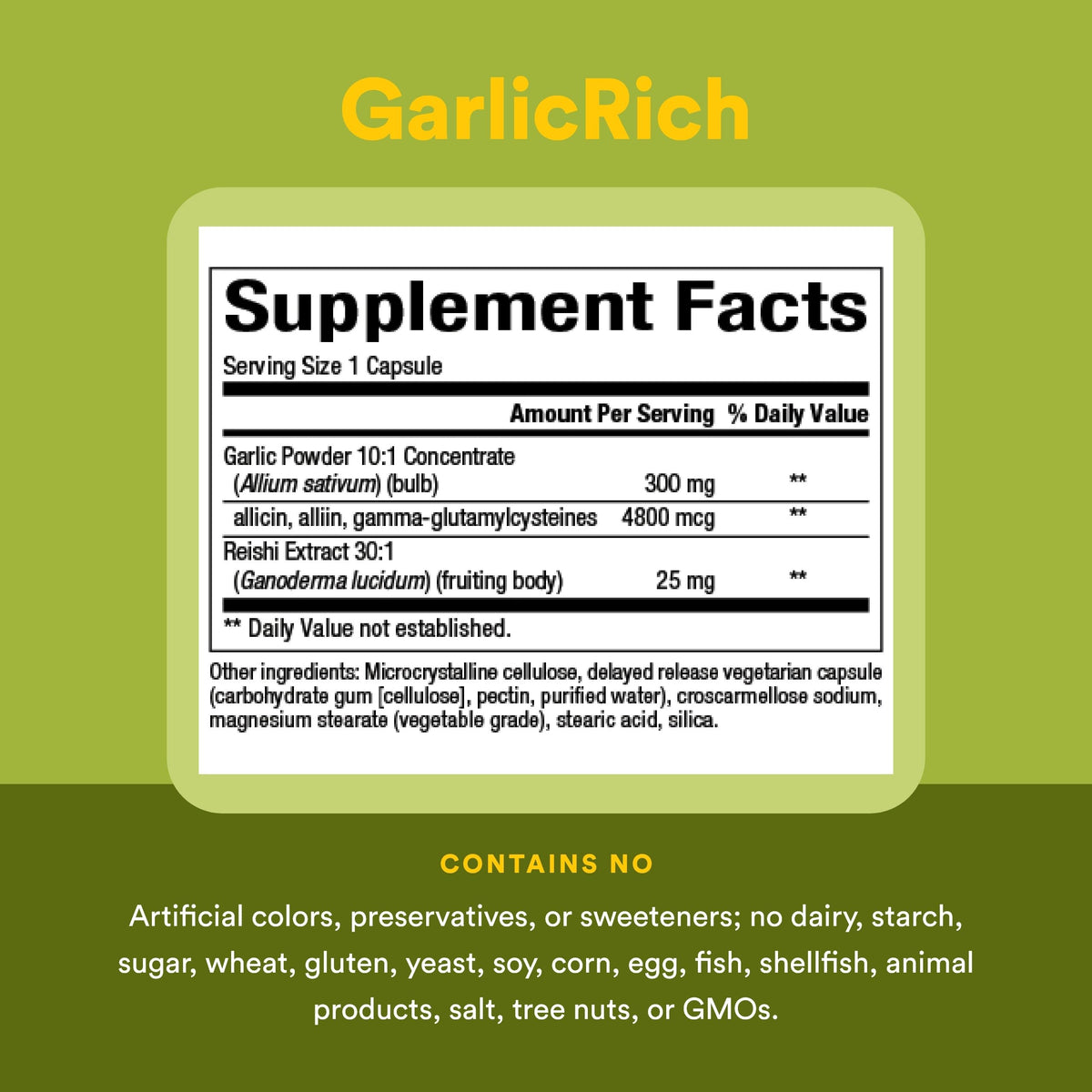 Natural Factors Ail + Reishi capsules avec ingrédients sur fond blanc