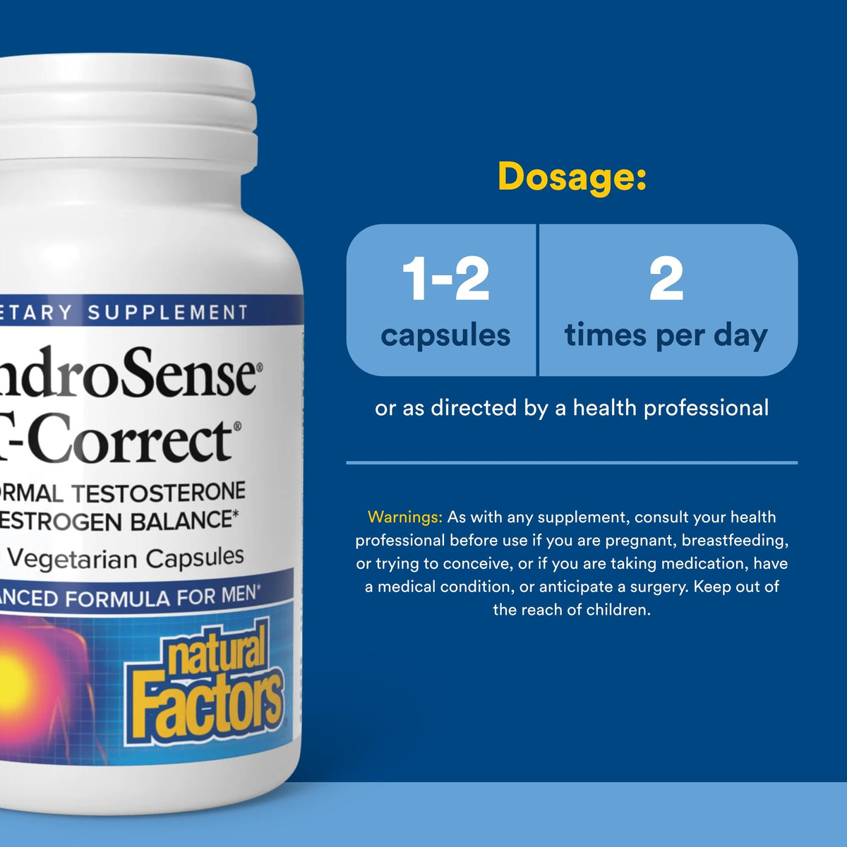Natural Factors AndroSense T-Correct 60 Veg Caps - vue latérale du flacon
