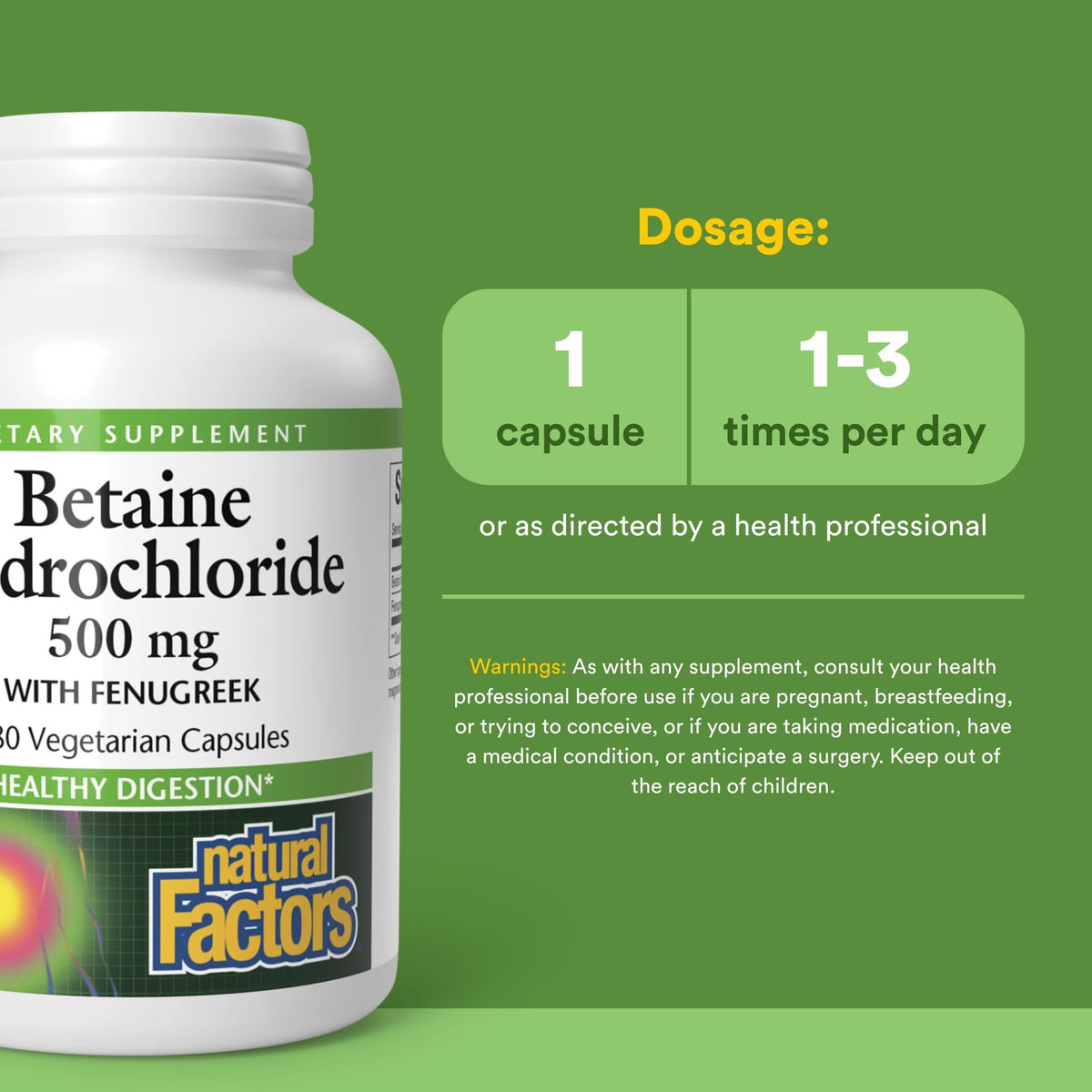 Natural Factors Betaine HCL 500 mg 180 capsules végétariennes, étiquette des ingrédients