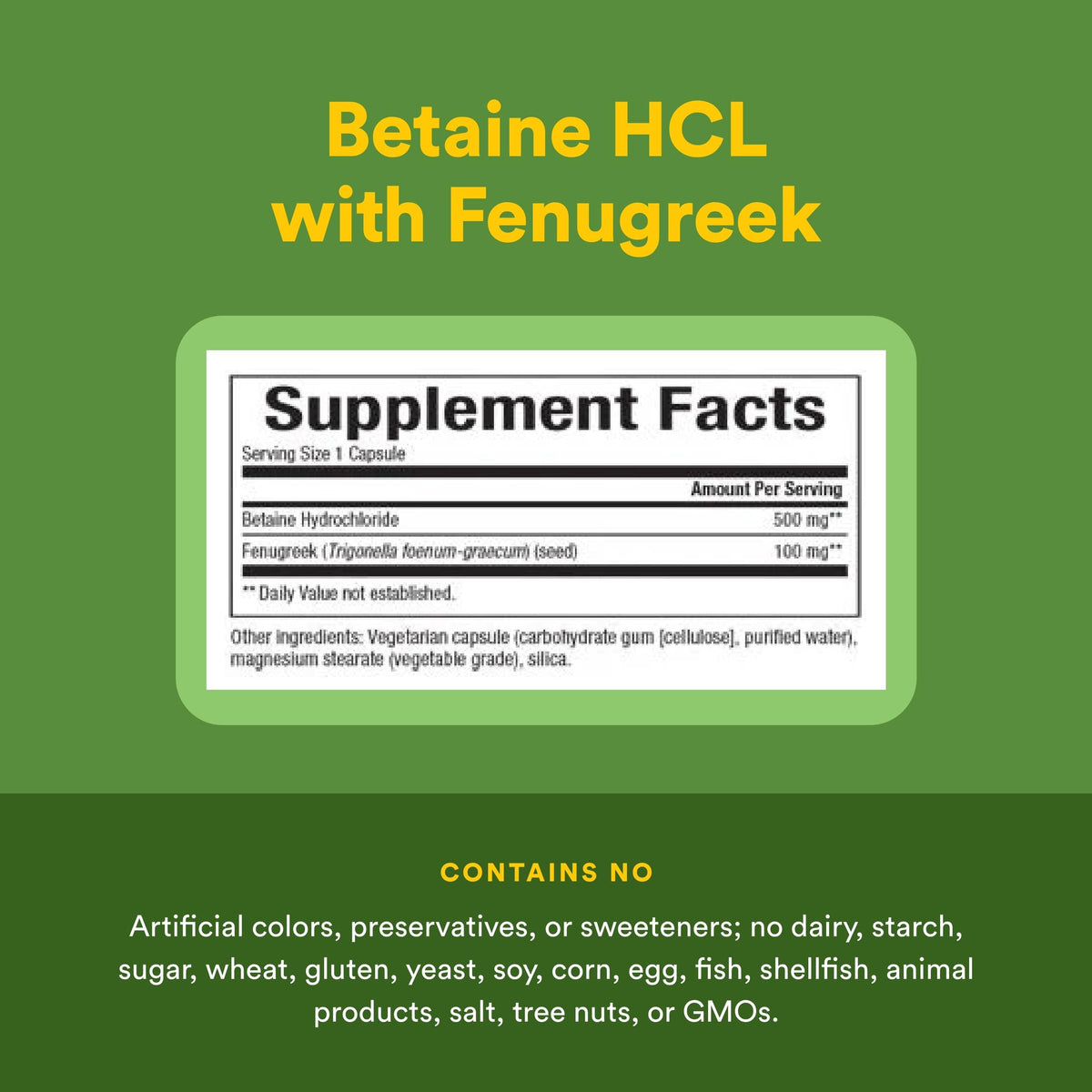 Natural Factors Betaine HCL 500 mg 180 capsules végétariennes, présentation sur un fond neutre