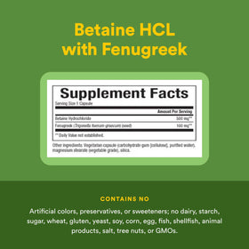 Natural Factors Betaine HCL 500 mg 180 capsules végétariennes, présentation sur un fond neutre