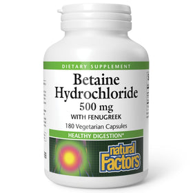 Natural Factors Betaine HCL 500 mg 180 capsules végétariennes, vue de face