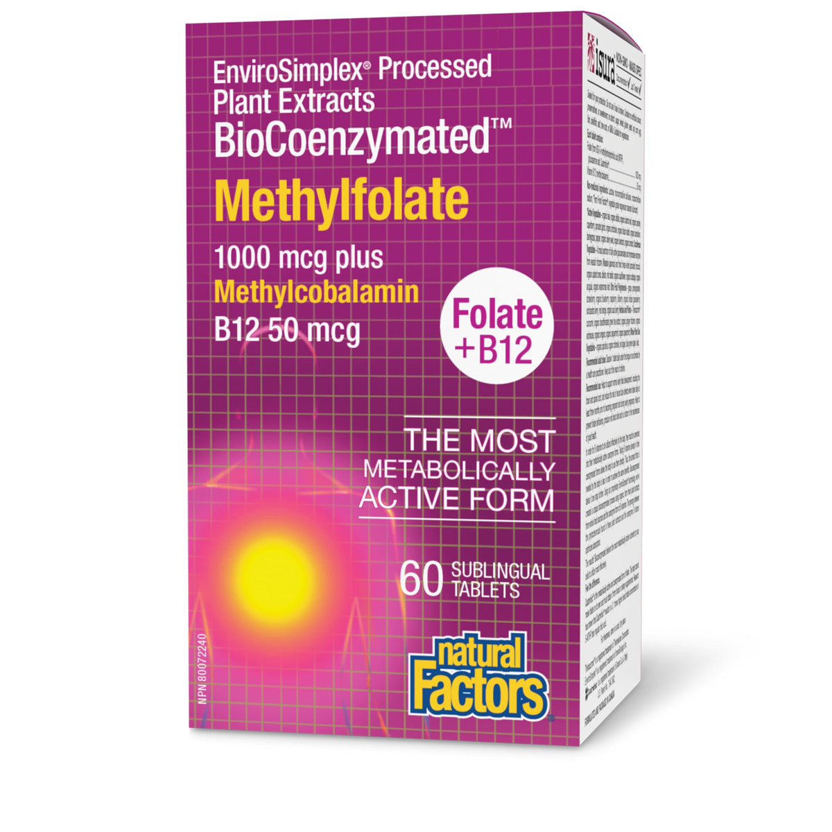 Natural Factors BioCoenzymated 5-MTHF + B12 60 comprimés sublinguales, vue de face