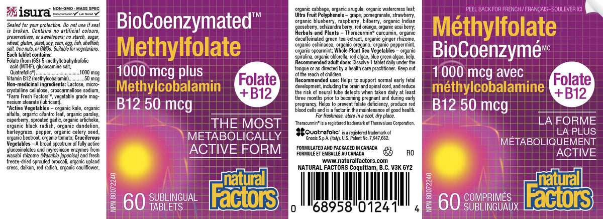 Natural Factors BioCoenzymated 5-MTHF + B12, comprimés sur un fond neutre