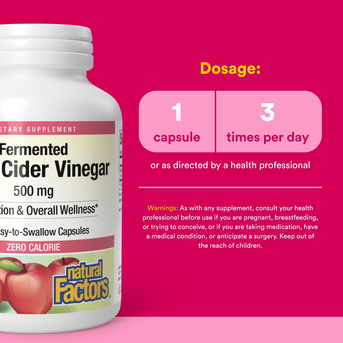 Natural Factors Capsules de Vinaigre de Cidre de Pomme, capsules individuelles sur fond blanc