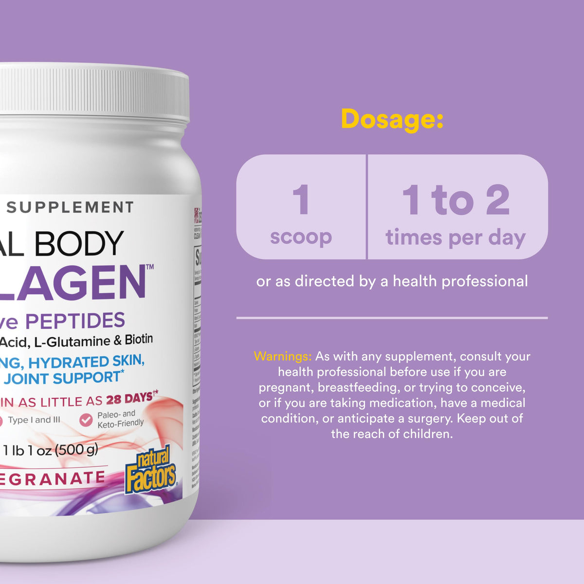 Natural Factors Collagène Total Corps 500 g étiquette avec ingrédients