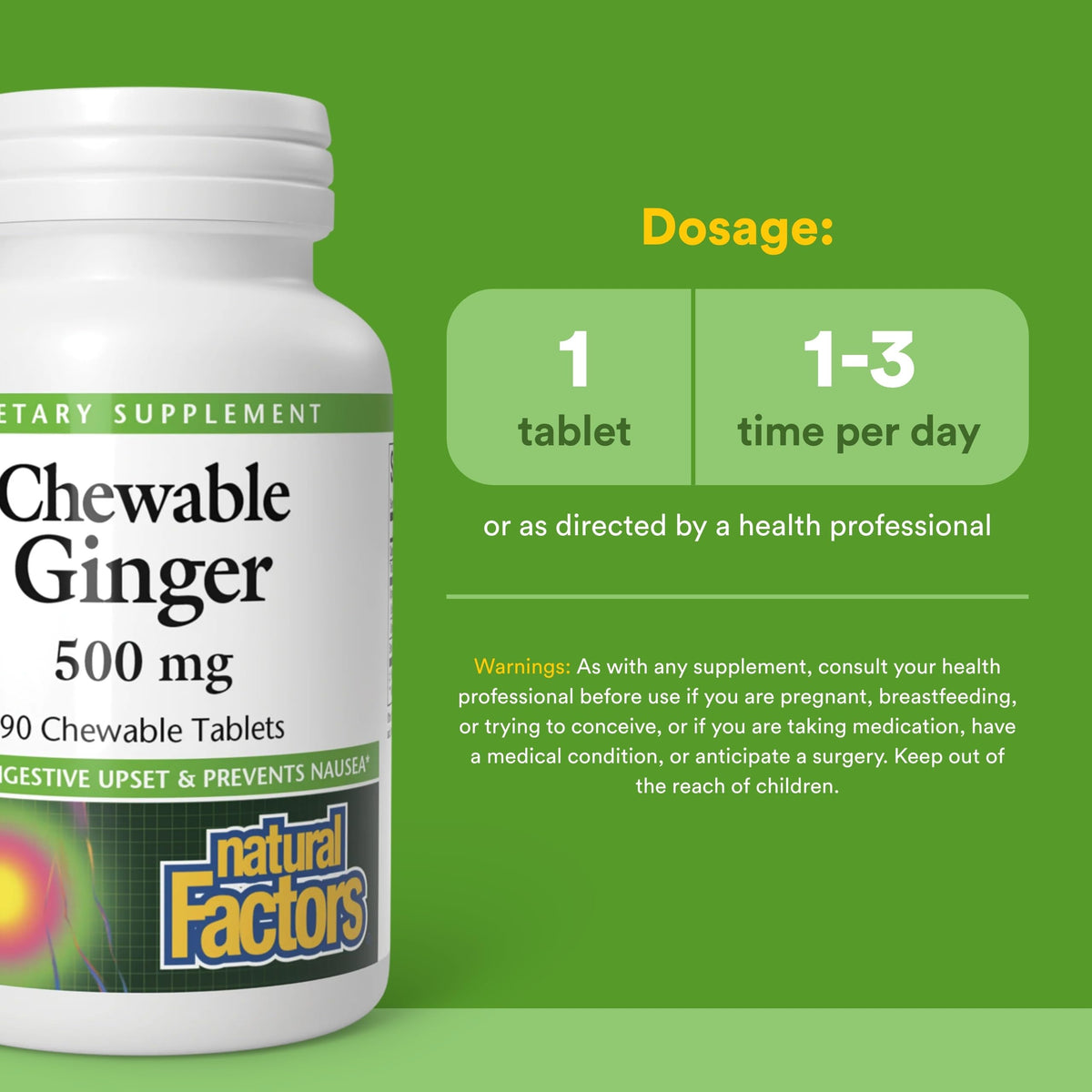 Natural Factors Complément Alimentaire Gingembre 500 mg 90 Comprimés - comprimés à mâcher