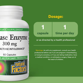Natural Factors Enzyme Lactase 300 mg 60 capsules sur fond blanc