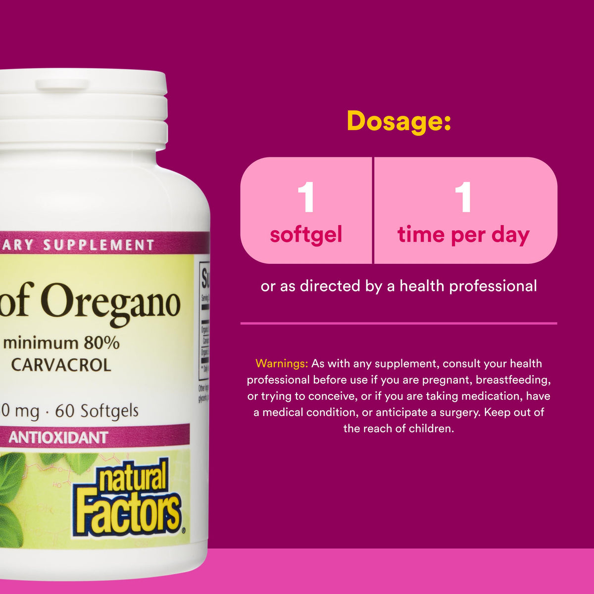 Natural Factors Huile d'Origan Bio, gélules molles sur fond blanc