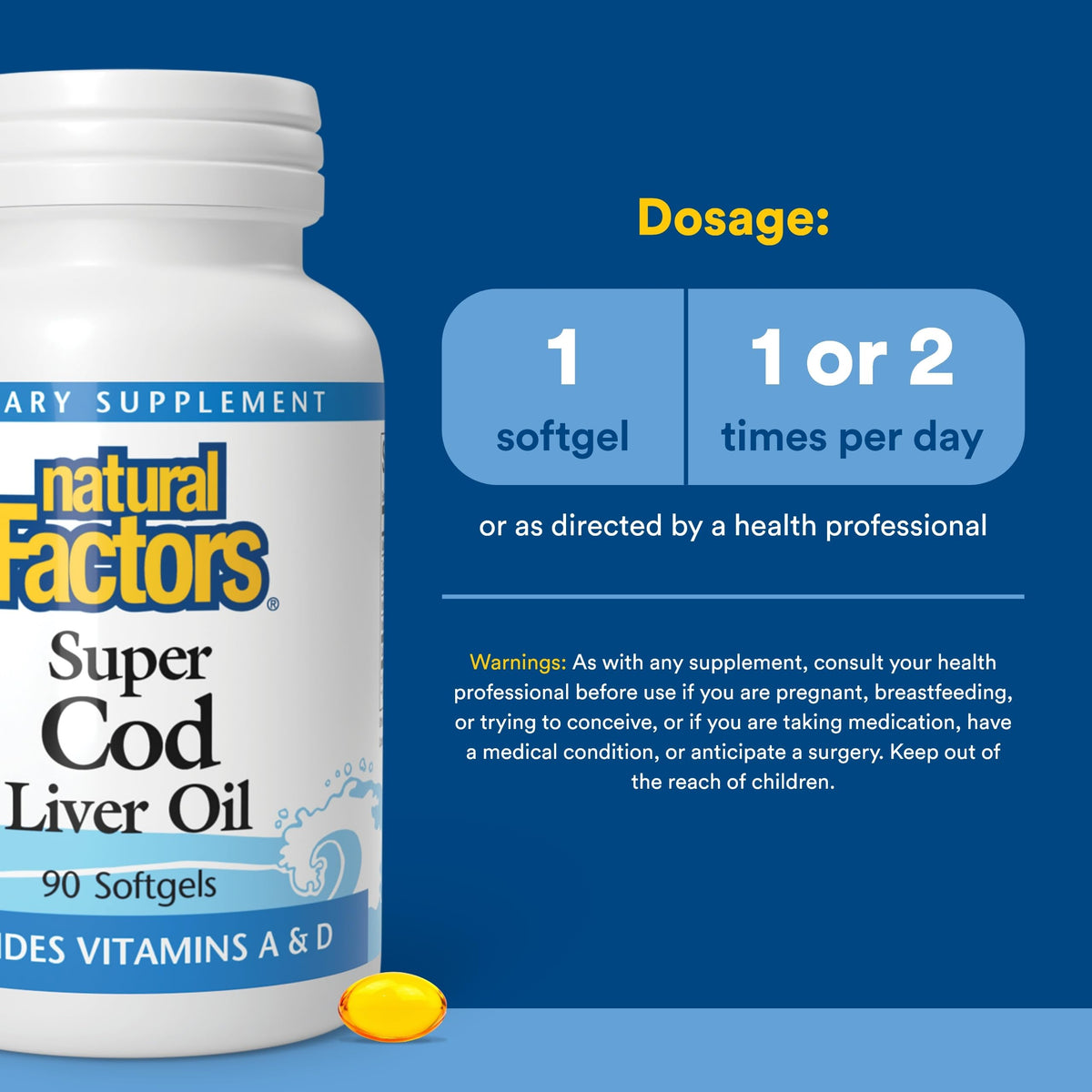 Natural Factors Huile de Foie de Morue 1100 mg Gélules sur une table