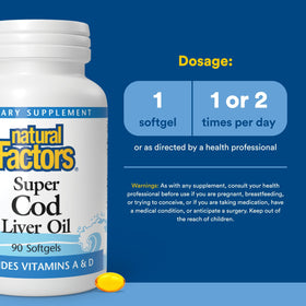 Natural Factors Huile de Foie de Morue 1100 mg Gélules sur une table
