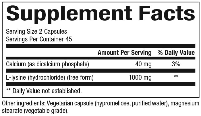 Natural Factors L-Lysine 1000 mg back view with ingredients