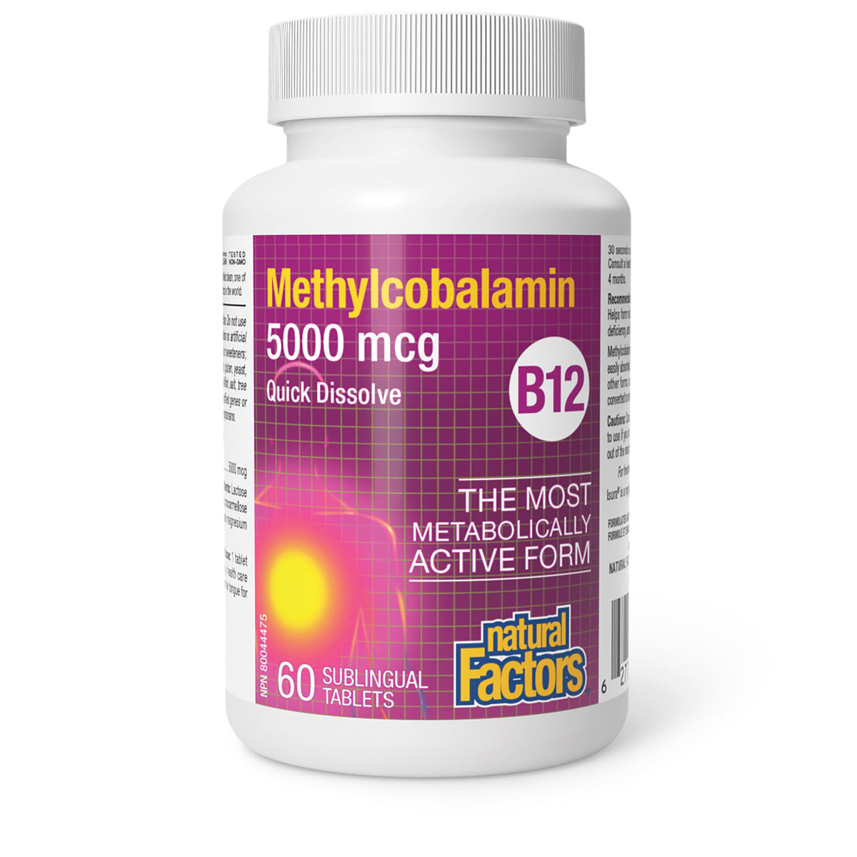 Natural Factors Methylcobalamin B12 5000 mcg comprimés à mâcher, arrière de l'emballage