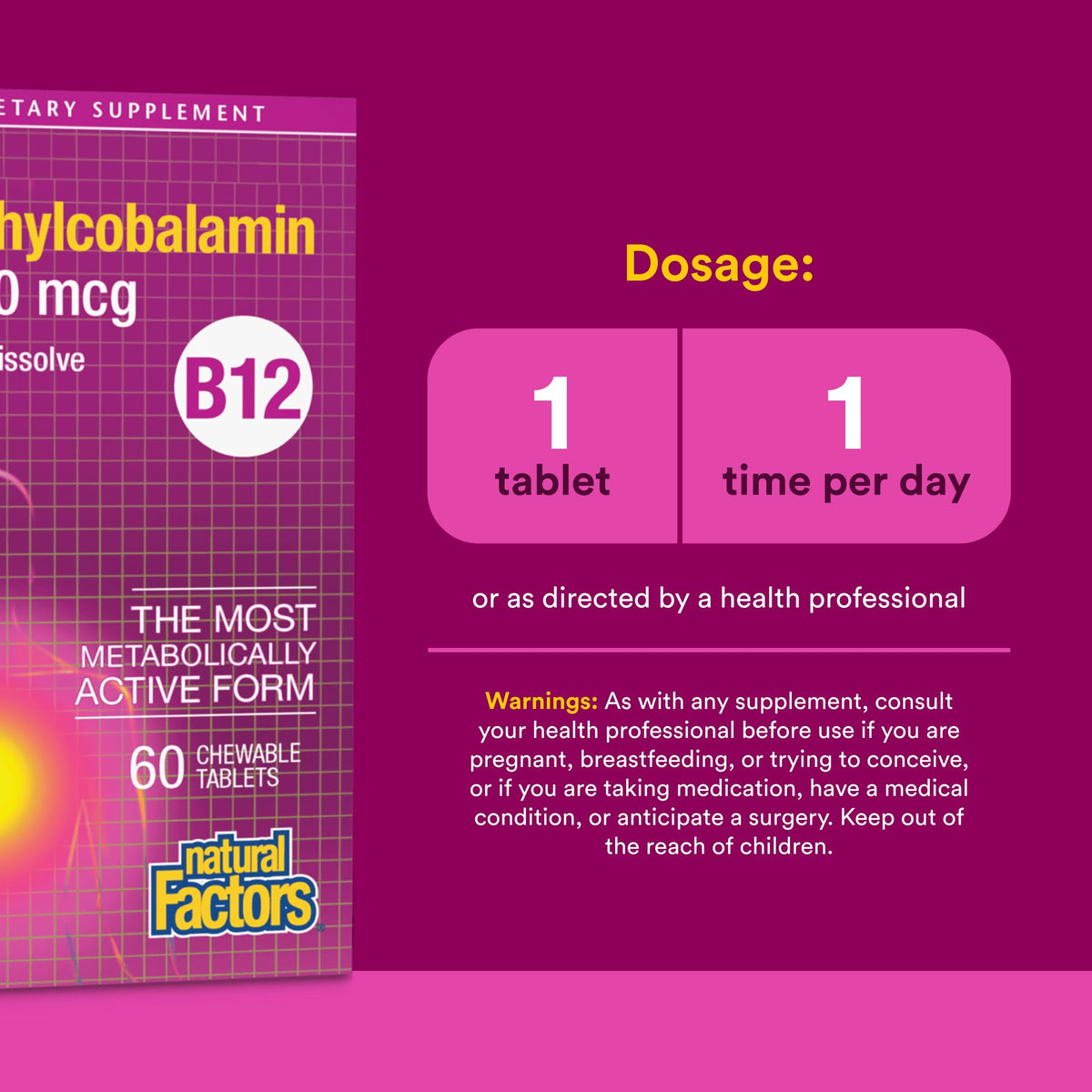 Natural Factors Methylcobalamin B12 5000 mcg comprimés à mâcher, en présentation sur une table
