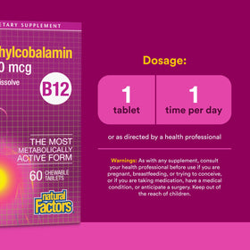 Natural Factors Methylcobalamin B12 5000 mcg comprimés à mâcher, en présentation sur une table