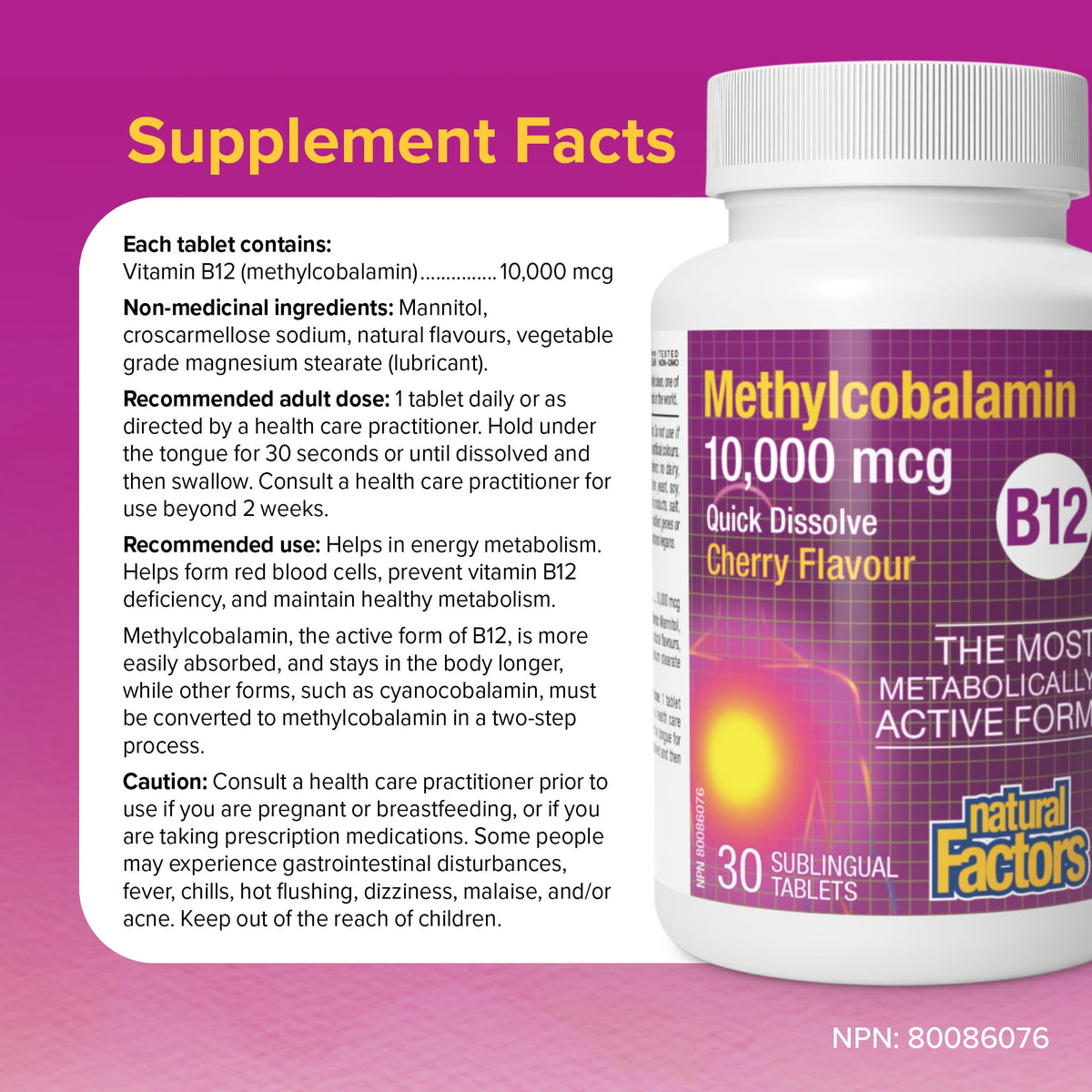 Natural Factors Methylcobalamin Vitamine B12 comprimés à mâcher, gros plan d'un comprimé