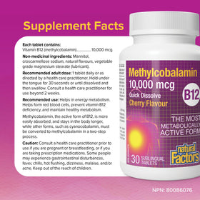 Natural Factors Methylcobalamin Vitamine B12 comprimés à mâcher, gros plan d'un comprimé