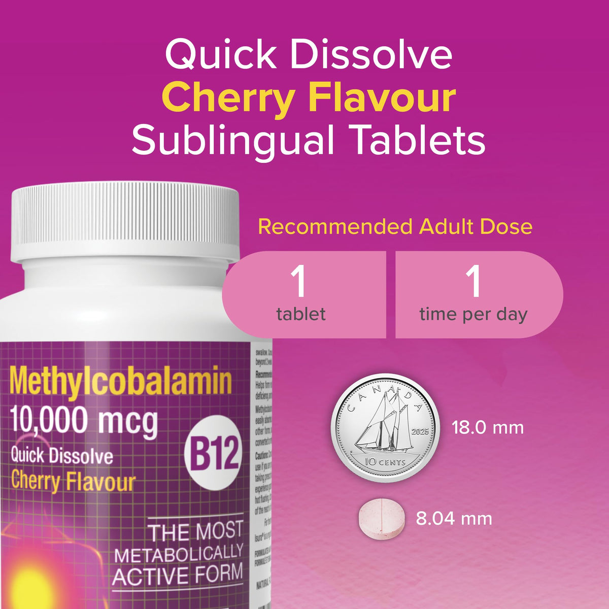 Natural Factors Methylcobalamin Vitamine B12 comprimés à mâcher, vue de dessus des comprimés