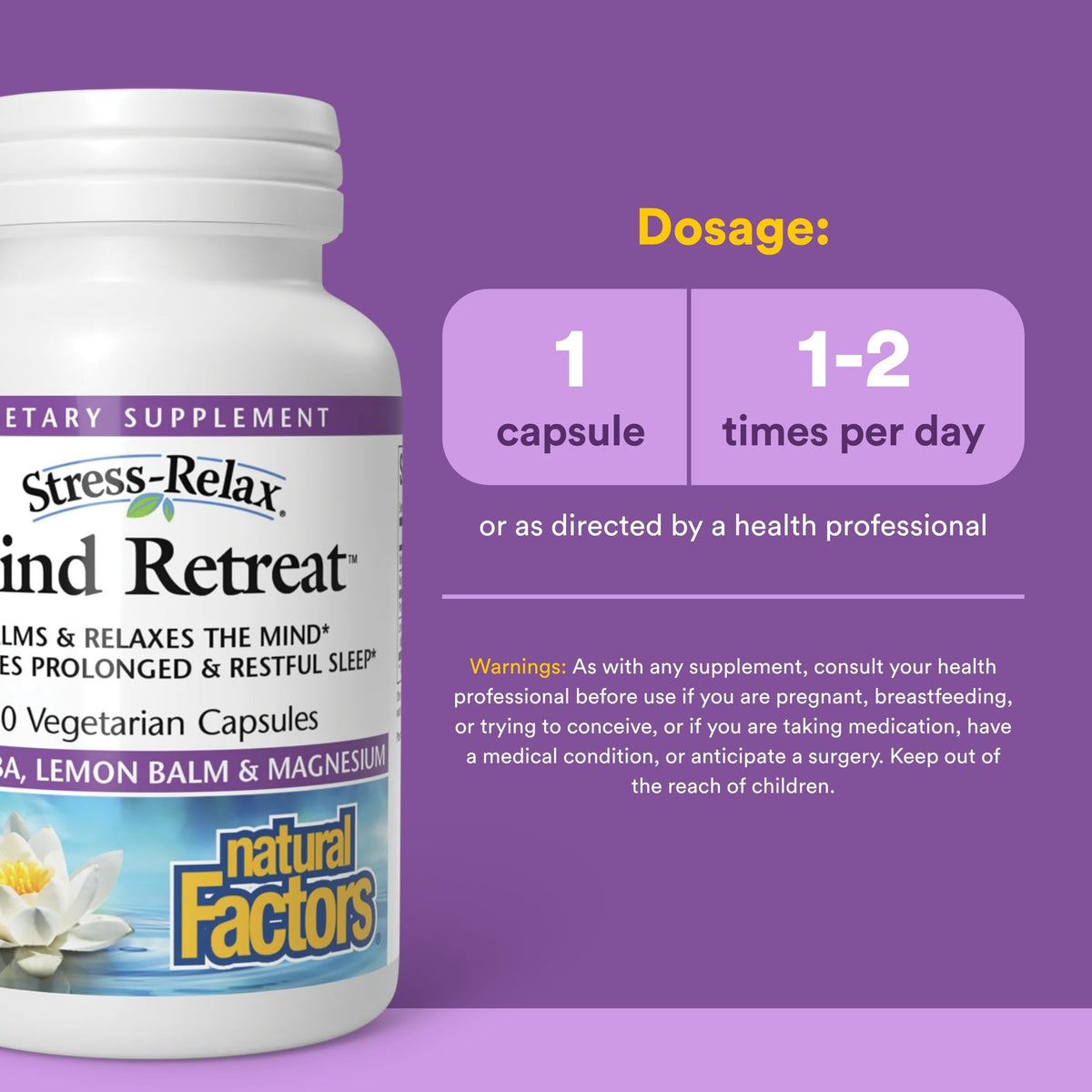 Natural Factors Mind Retreat, capsules sur une surface en bois