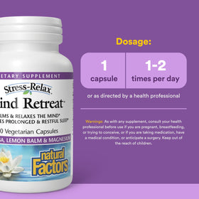 Natural Factors Mind Retreat, capsules sur une surface en bois