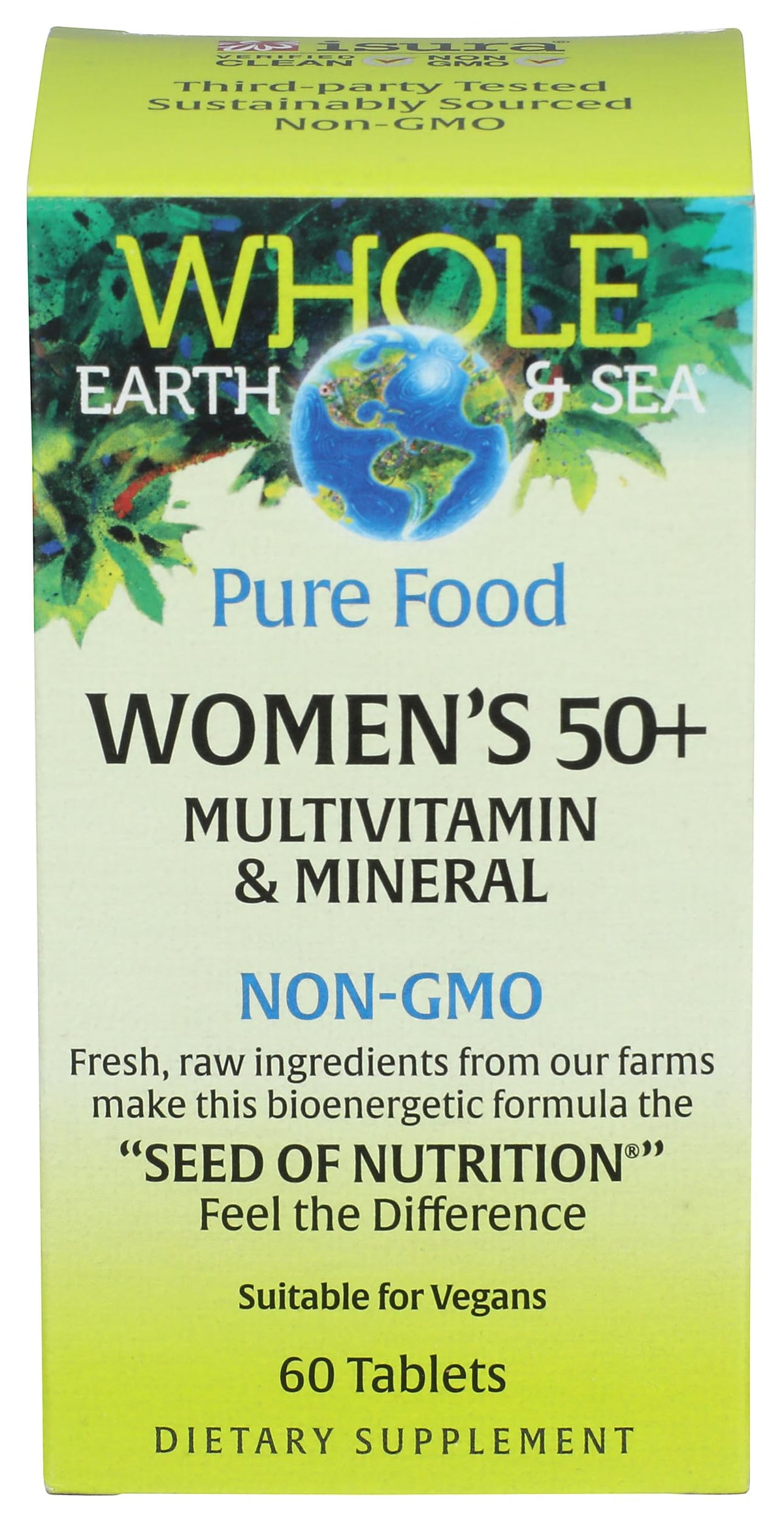 Natural Factors Multivitamine Femme 50+ avec des fruits et légumes en arrière-plan