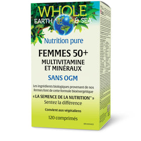 Natural Factors Multivitamine Femmes 50+ 120 comprimés vegans sur fond blanc