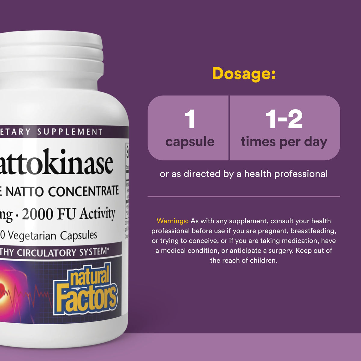 Natural Factors Nattokinase 100 mg vue de côté avec le bouchon ouvert