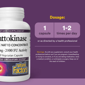 Natural Factors Nattokinase 100 mg vue de côté avec le bouchon ouvert