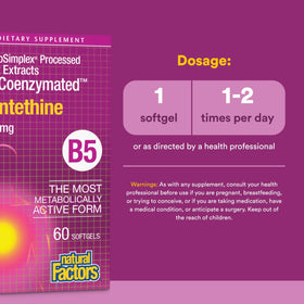 Natural Factors Pantethine B5 450 mg 60 gélules molles à côté d'un verre d'eau