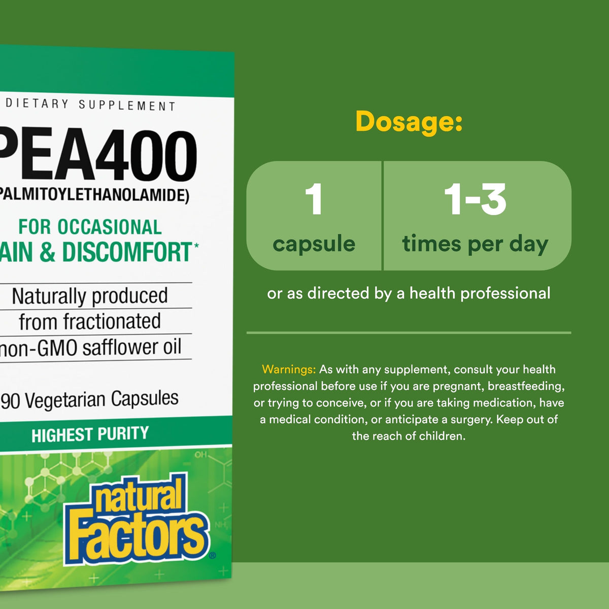 Natural Factors PEA400 Capsules, vue de côté montrant la taille