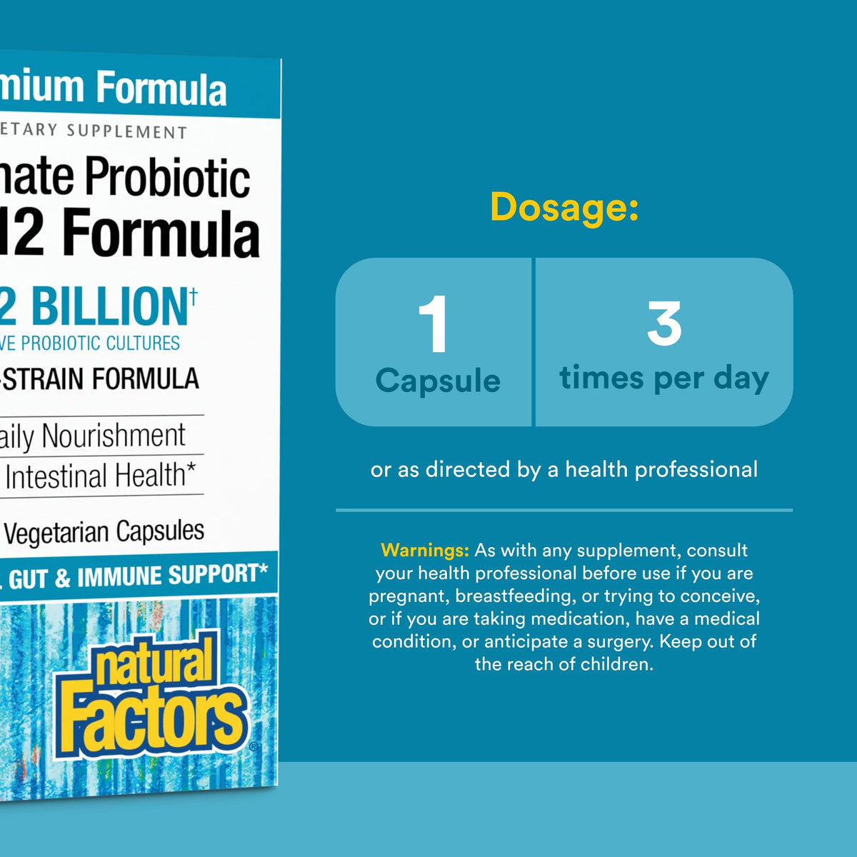 Natural Factors Probiotique 12/12 120 Capsules Végétales, étiquette