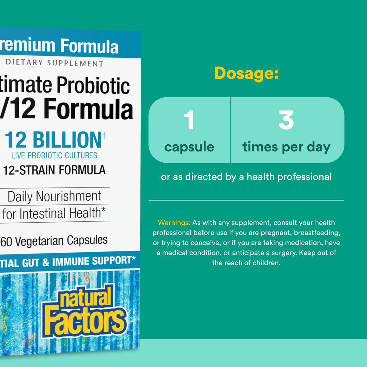 Natural Factors Probiotique 12 Milliards CFU 60 Capsules Végétales avec étiquette