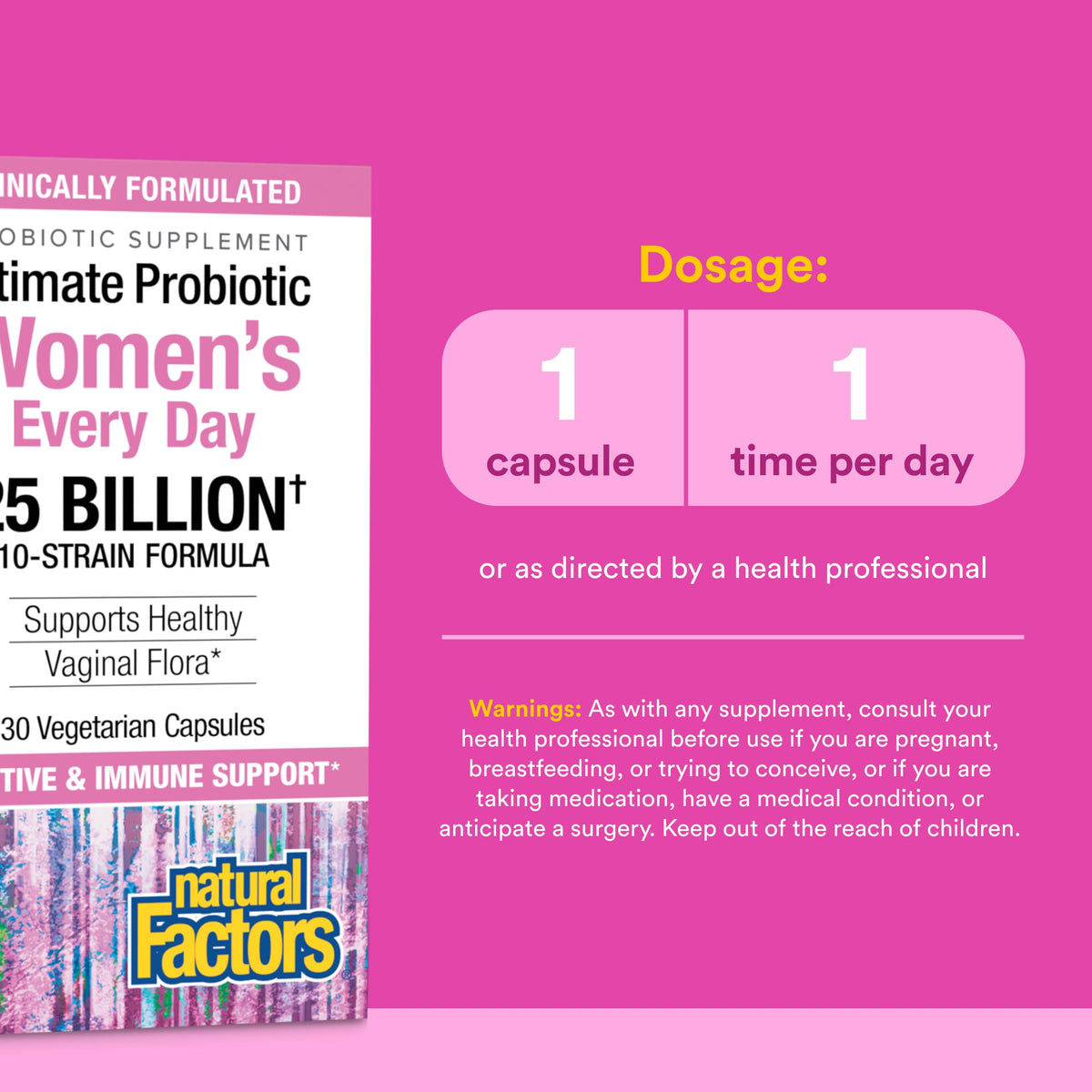 Natural Factors Probiotique Femme 25 Milliards capsules sur une table