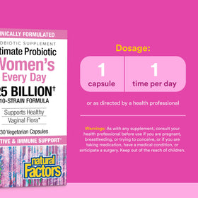 Natural Factors Probiotique Femme 25 Milliards capsules sur une table