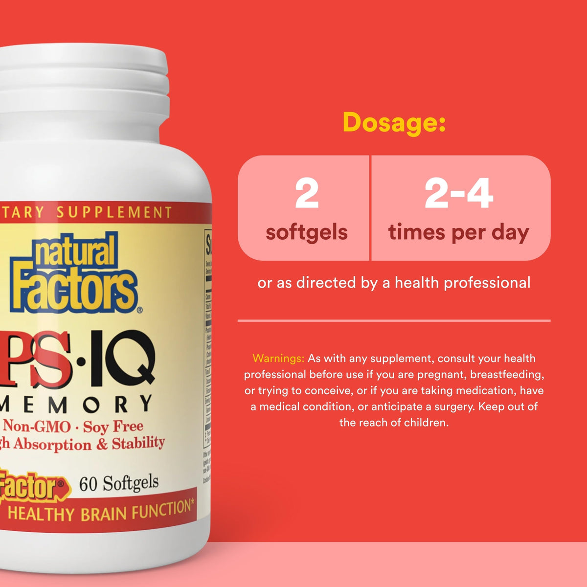Natural Factors PS-IQ Mémoire 25 mg capsules molles sur une table