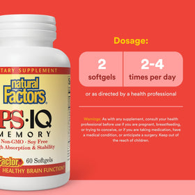 Natural Factors PS-IQ Mémoire 25 mg capsules molles sur une table