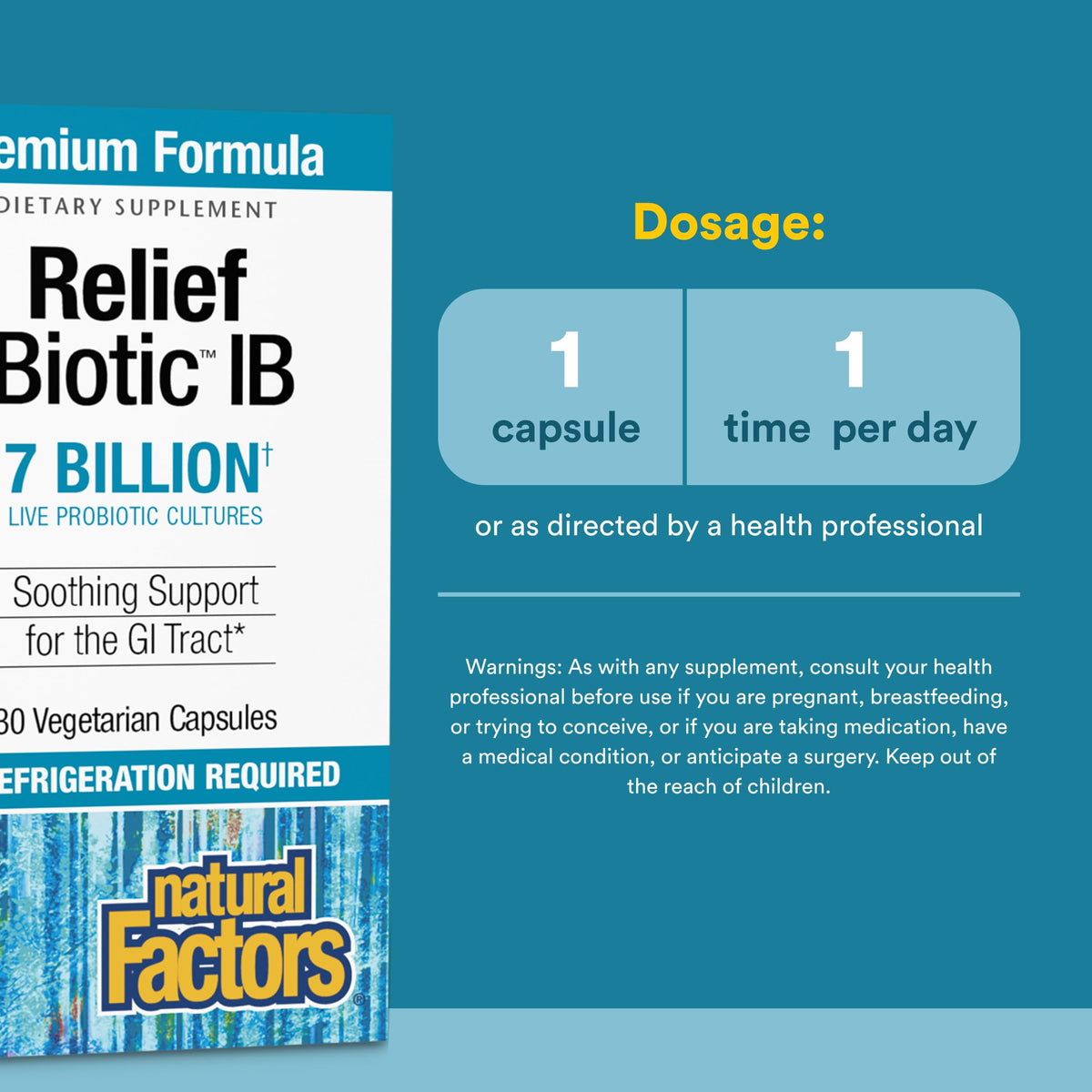 Natural Factors ReliefBiotic IB 30 capsules sur fond blanc