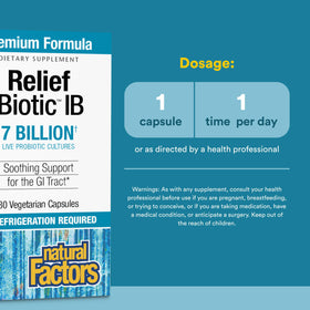 Natural Factors ReliefBiotic IB 30 capsules sur fond blanc