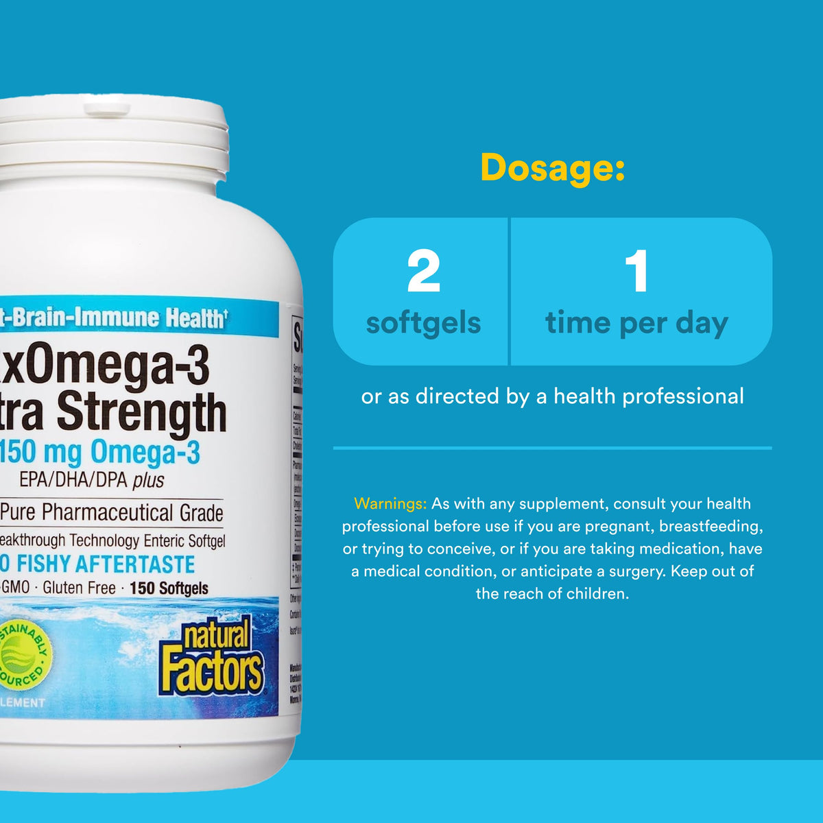 Natural Factors RxOmega-3 2150 mg huile de poisson, gélules en gros plan