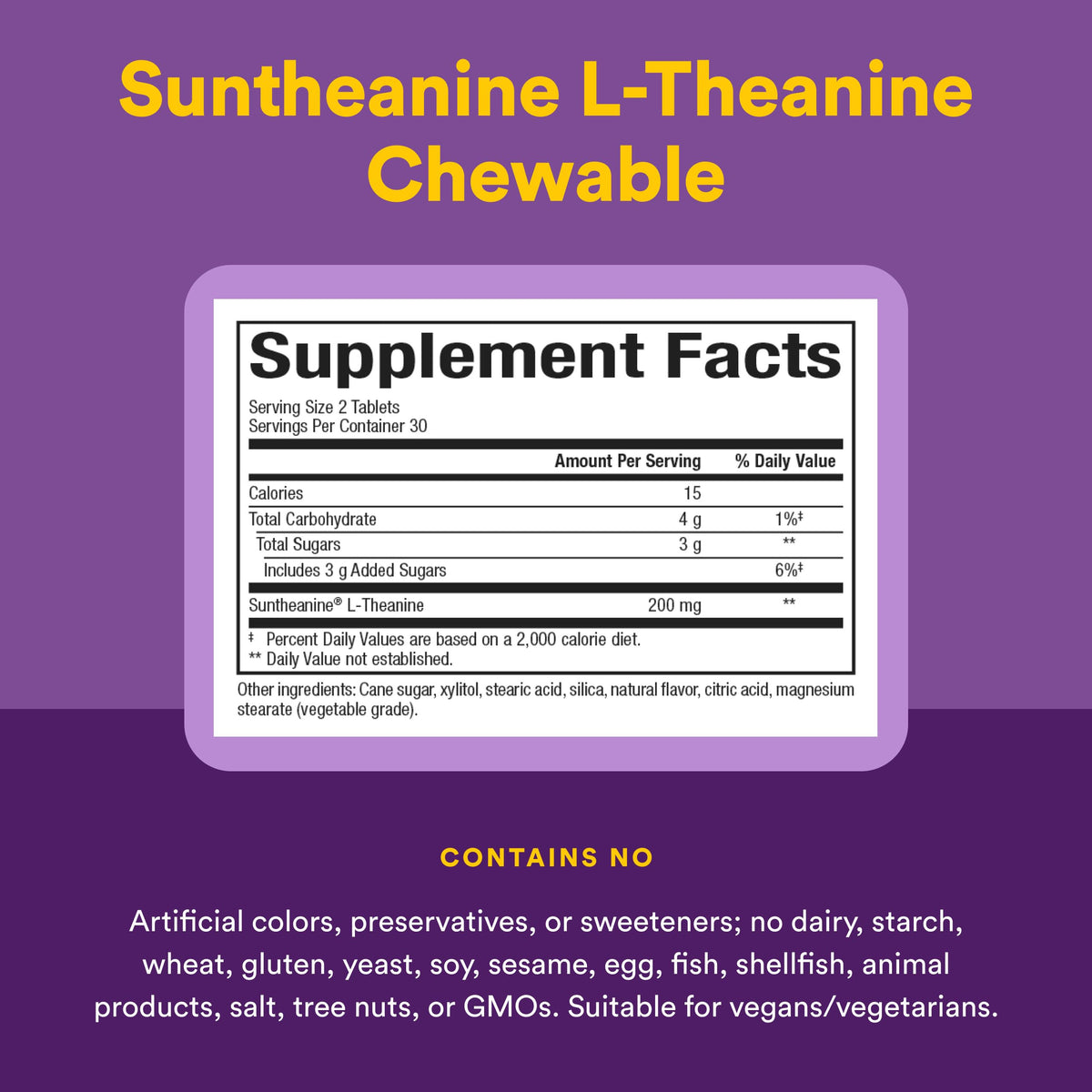 Natural Factors Suntheanine L-Theanine 200 mg comprimés à mâcher avec des ingrédients