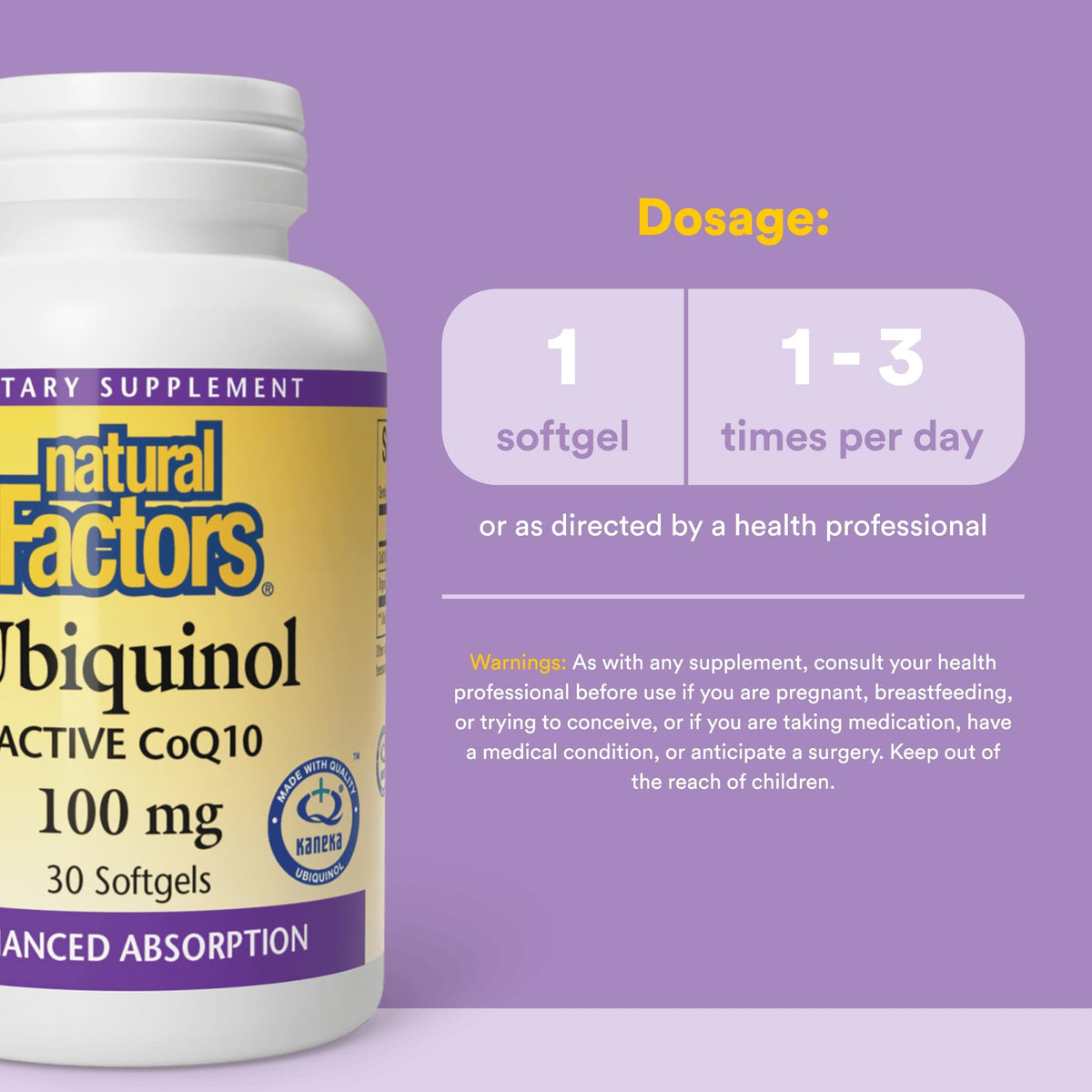 Natural Factors Ubiquinol 100 mg gélule sur fond blanc