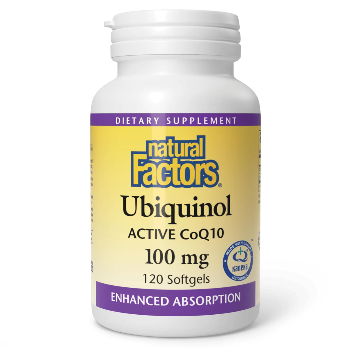 Natural Factors Ubiquinol 100 mg gélules devant un fond neutre