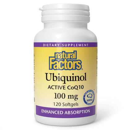 Natural Factors Ubiquinol 100 mg gélules devant un fond neutre