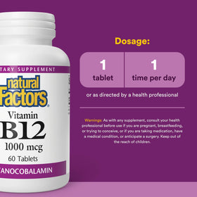 Natural Factors Vitamine B12 1000 mcg comprimés sur une surface