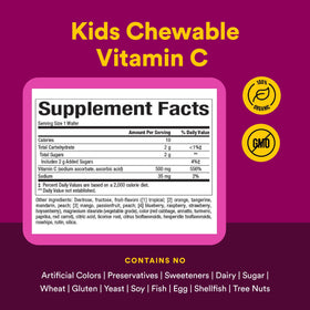 Natural Factors Vitamine C 500 mg comprimés à mâcher avec fruits en arrière-plan