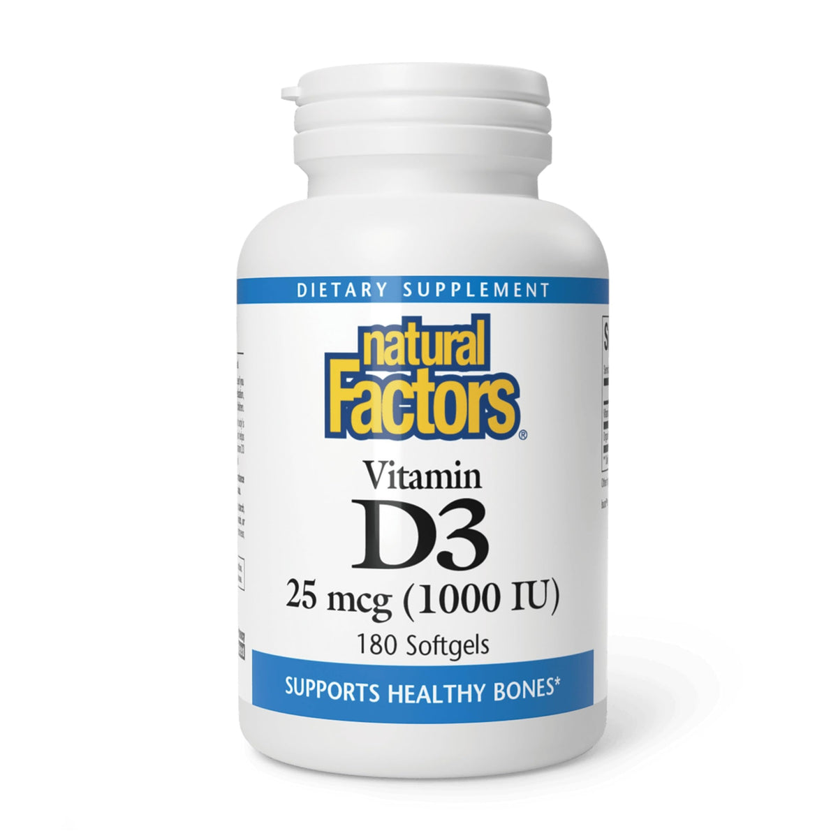 Natural Factors Vitamine D3 1000 UI 180 comprimés, vue de face