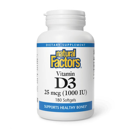 Natural Factors Vitamine D3 1000 UI 180 comprimés, vue de face