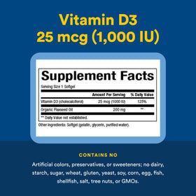 Natural Factors Vitamine D3 1000 UI, vue arrière du flacon