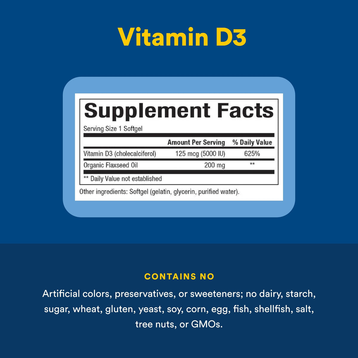 Natural Factors Vitamine D3 5000 UI gélules molles sur une table