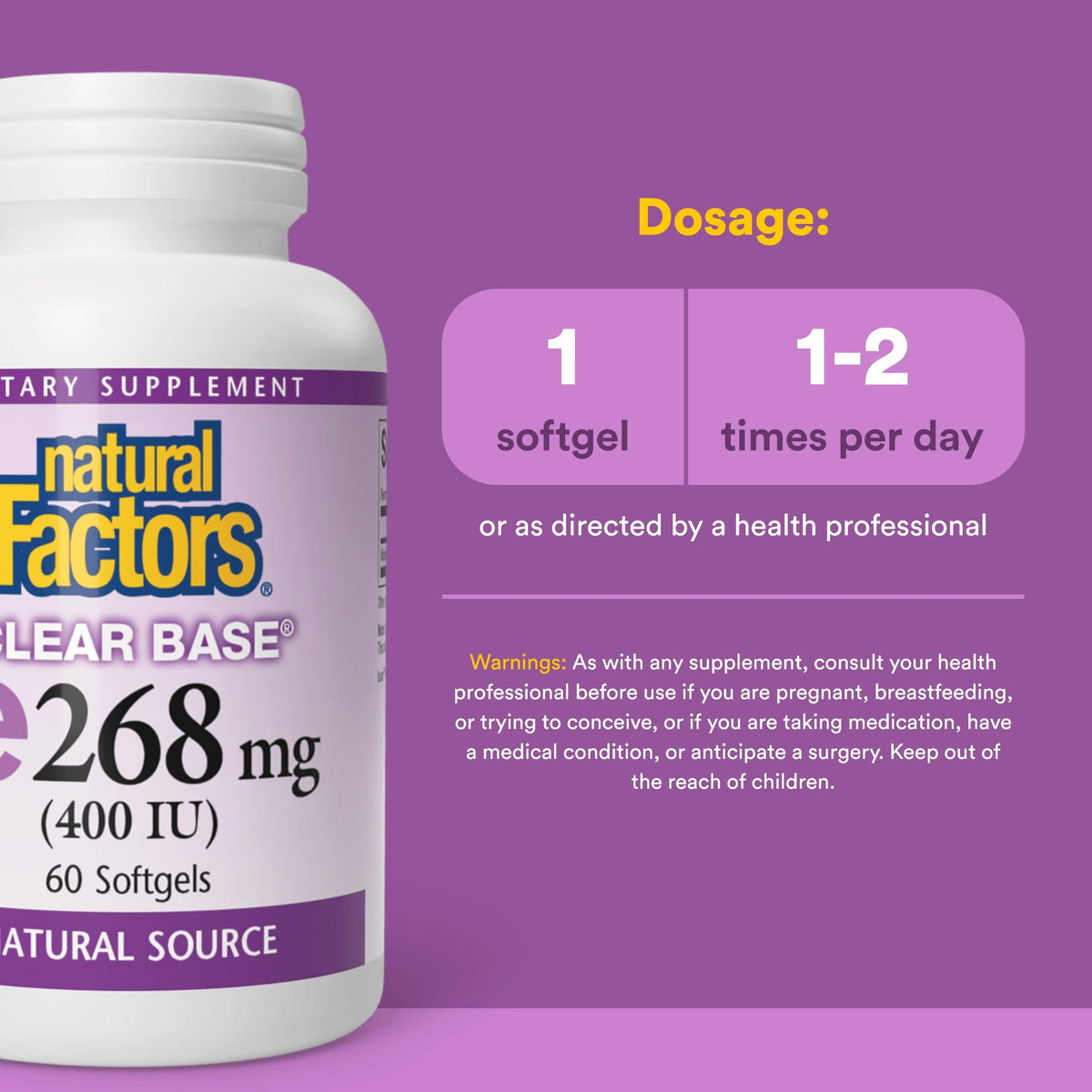 Natural Factors Vitamine E 400 IU gélules molles côté